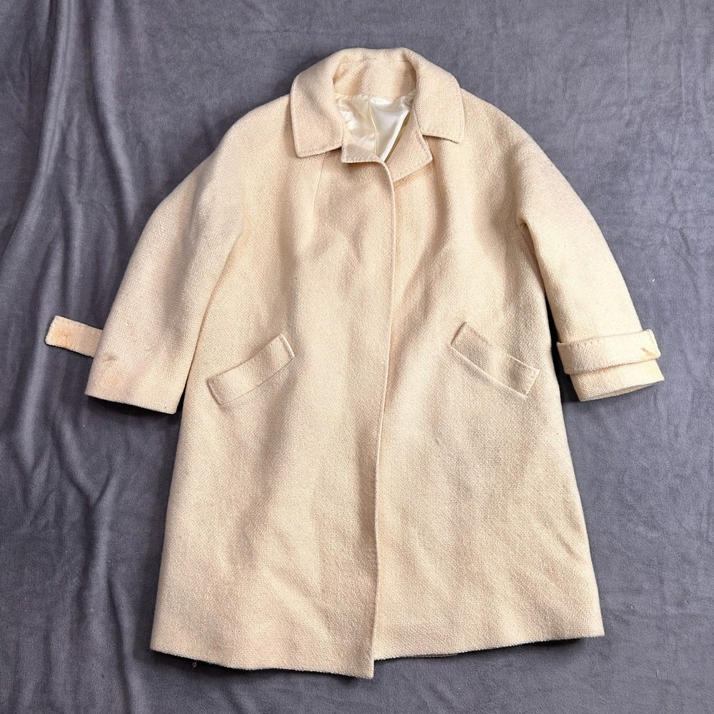 Vintage Meri K Overcoat Womens Beige Lined Open Front‎ Knit Formal Business Y2K